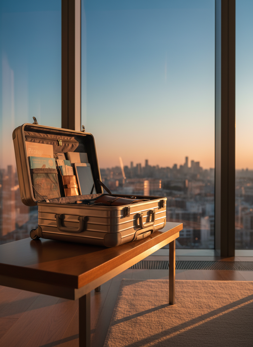 A sleek, silver hard-shell suitcase with a subtle brushed metal texture stands slightly open on a warm wood hotel bench, revealing neatly folded guidebooks, a slim tablet, and a small leather travel organizer filled with colorful boarding passes. Behind it, a large floor-to-ceiling window frames a distant city skyline with a glowing sunset sky fading from peach to deep blue. Soft golden hour light pours in, creating gentle reflections on the suitcase surface and long, calm shadows on the floor. Photographic realism at eye-level, rule-of-thirds composition, with a shallow depth of field that softly blurs the skyline, conveying a curated, organized, and sophisticated travel mood perfect for a stylish itinerary-focused website.