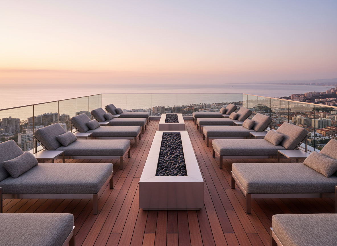 A panoramic hotel rooftop terrace overlooking a vibrant coastal city, captured with no people present. Low, modern lounge chairs with textured gray cushions are arranged symmetrically around a rectangular firepit filled with smooth black stones. Beyond the glass railing, the ocean reflects pastel evening colors, while distant city lights just begin to glow. Golden hour light washes the terrace in a warm, soft radiance, creating subtle highlights on the metal furniture frames and gentle shadows across the wooden deck. Photographic realism from a slightly elevated angle with wide-angle composition, maintaining sharp detail from foreground to horizon. The mood is exclusive, serene, and perfectly curated for a premium travel recommendation site.