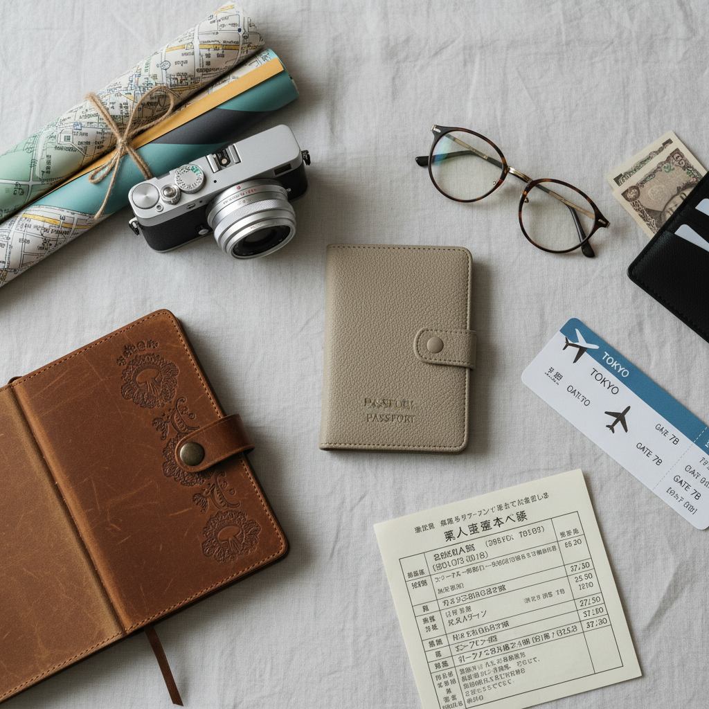 A curated flat lay of carefully selected travel essentials arranged with precision on a pale linen bedsheet in a minimalist hotel room. A vintage-style leather-bound notebook, a slim mirrorless camera, color-coded city maps, a Japanese-language event schedule, and a single boarding pass are placed around a central, muted beige passport cover. Soft overcast daylight filters through an unseen window, creating even, diffused lighting with gentle, natural shadows. Shot from a bird’s-eye view with sharp focus across the frame, photographic realism, and a clean, modern aesthetic that emphasizes thoughtful planning and attention to detail in travel, evoking calm excitement and quiet anticipation for the journey ahead.