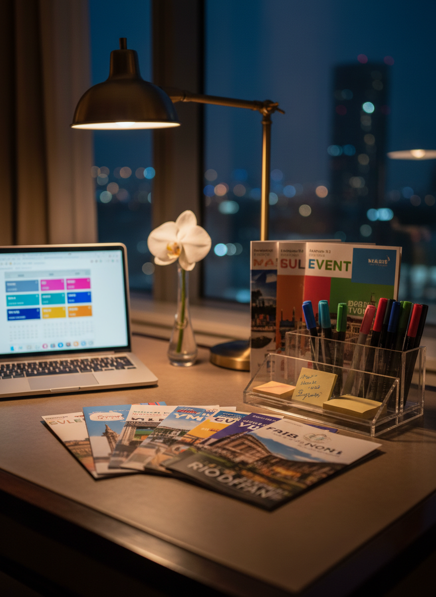 An elegant workspace in a boutique hotel room, showcasing the behind-the-scenes planning of a travel-loving event professional. A slim silver laptop displays a blurred calendar interface beside a neatly stacked collection of glossy event brochures from cities around the world. A transparent acrylic organizer holds color-coded pens and sticky notes, while a small vase with a single white flower adds softness. Warm desk lamp light blends with cool city glow seeping through a large nighttime window, casting layered, cinematic shadows across the wood-grain desk. Photographic realism with a slightly angled, close-up composition and shallow depth of field focuses on the brochures and notes, symbolizing carefully curated, schedule-conscious travel recommendations.